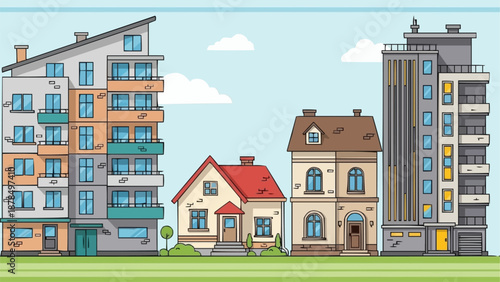 Diverse City Buildings and Houses Illustration.
