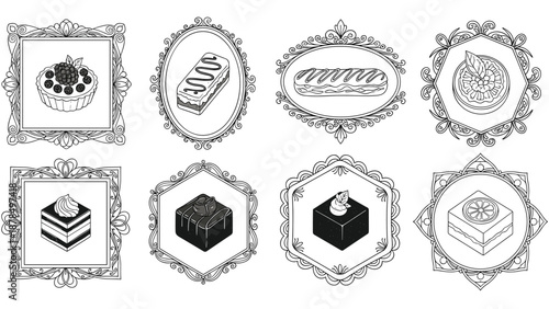Elegant vintage pastry frames containing various cakes, tarts, and eclairs in a detailed black and white artistic sketch style.