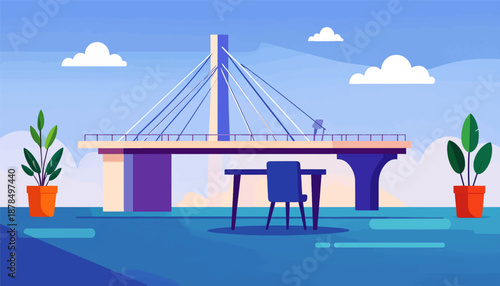 Modern cable-stayed bridge with a minimalist desk and chair setup under a bright sky