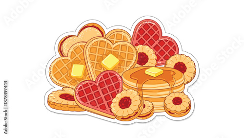 Delicious breakfast treat arrangement with heart-shaped waffles, a stack of pancakes with syrup, and jam-filled shortbread cookies.