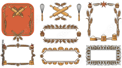 Decorative bakery frames featuring illustrated elements of wheat stalks, rolling pins, cupcakes, and golden croissants on white.