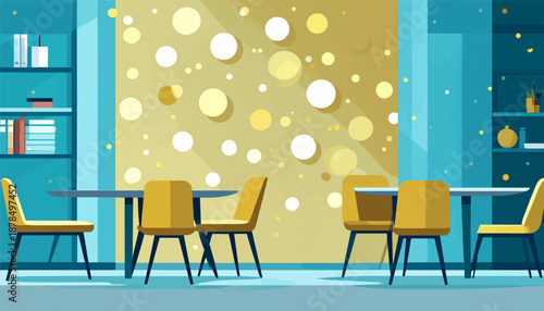 Modern cafe interior with yellow chairs and tables, and bubbly decor