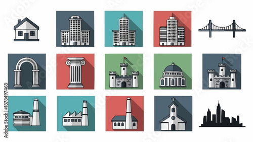 Collection of diverse architectural building icons flat design.