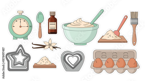 Home baking ingredients stickers featuring a kitchen timer, vanilla extract, bowl of dough, flour, eggs, and shaped cookie cutters.