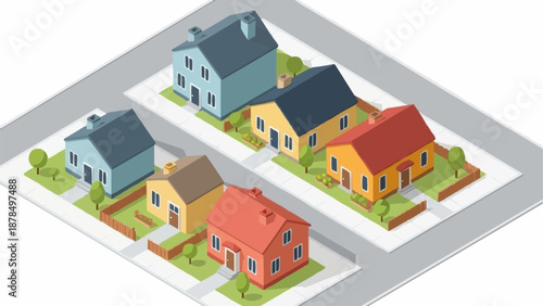 Isometric View of Suburban Houses Neighborhood Street Scene.
