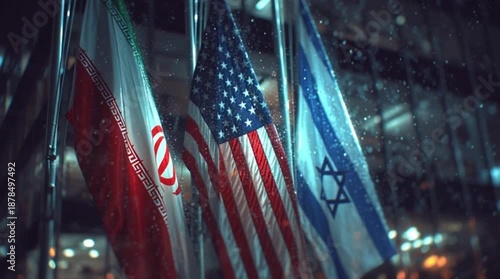 Flags of Iran USA Israel Representing International Tension