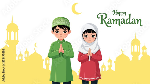 Children praying together during Ramadan in a serene mosque environment at dusk