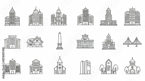 Collection of diverse building outlines representing architecture.