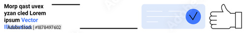 User feedback, authentication process, verification details, quality assurance, approval workflow, digital services. Hand icon giving a thumbs up, checkmark on a document. Feedback and authentication