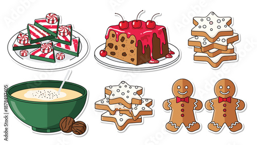 Festive Christmas sweets collection with peppermint bark, fruitcake, star cookies, a bowl of eggnog, and smiling gingerbread men.