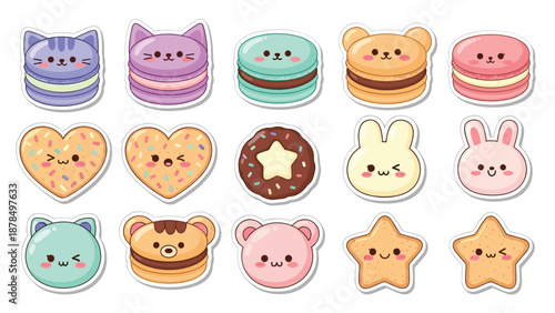Selection of adorable animal-shaped macarons and decorated heart, star, and donut cookies in a soft pastel kawaii art style.