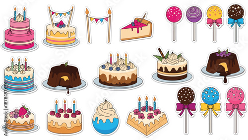 Large collection of colorful birthday cake stickers, cupcakes, cake slices, and decorated cake pops for party invitations.