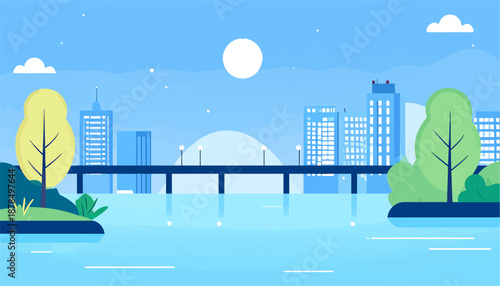 Modern city skyline with a bridge over a calm river under a clear sky