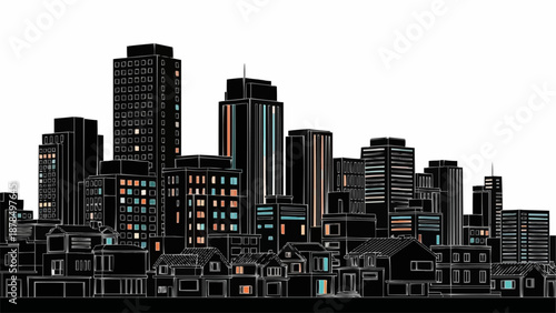 Modern Cityscape Silhouette with Tall Buildings.