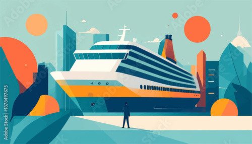 Modern city skyline with a large passenger ship docked and a lone figure observing