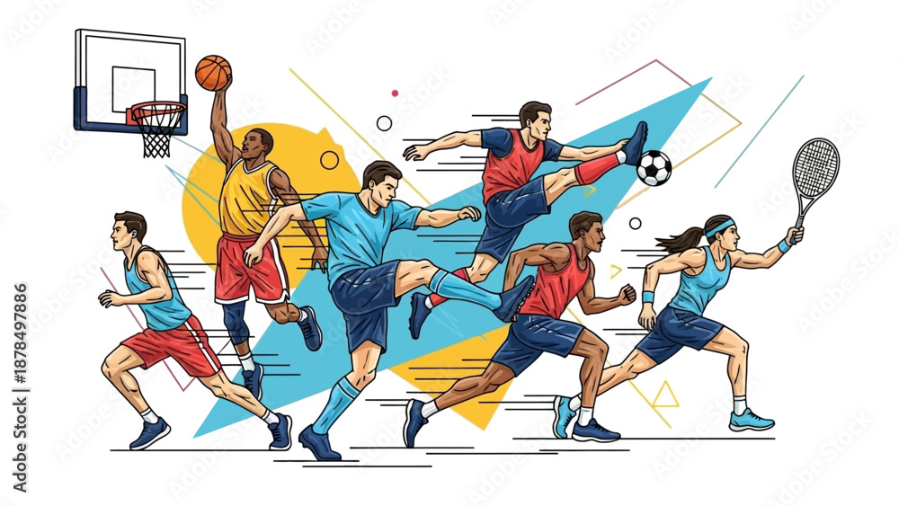 Fototapeta premium A dynamic flat vector illustration capturing a group of athletes engaged in an intense sports competition filled with movement and energy. The bold poses and vibrant colors convey teamwork, strength, 
