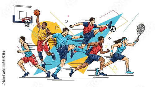 A dynamic flat vector illustration capturing a group of athletes engaged in an intense sports competition filled with movement and energy. The bold poses and vibrant colors convey teamwork, strength, 