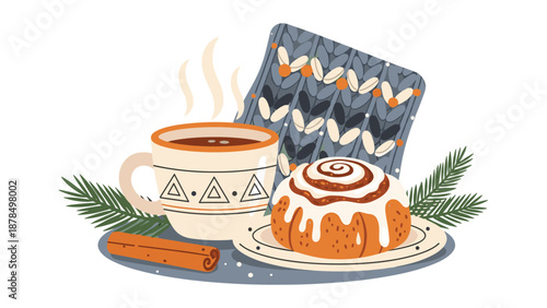 Cozy winter scene featuring a steaming mug of hot chocolate beside a glazed cinnamon roll on a plate with cinnamon sticks.