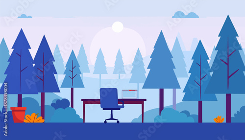 Minimalist landscape with desk, chair, and potted plant amid stylized blue trees