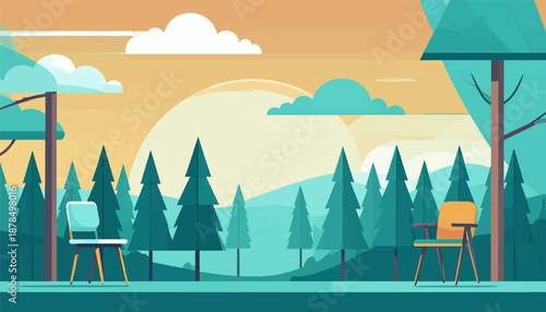 Minimalist landscape with trees, chairs, and a hazy sun