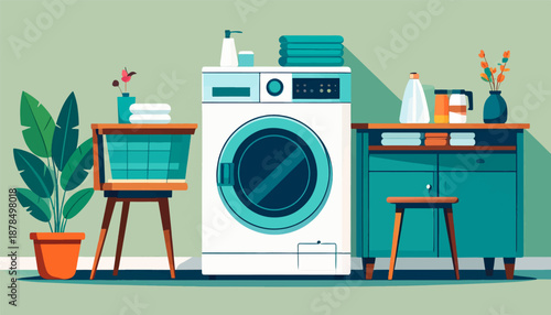 Minimalist laundry room scene with a washing machine, plants, and storage furniture