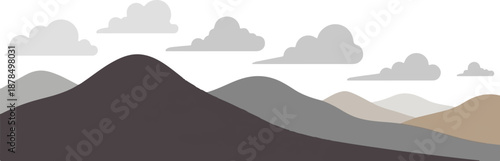 Minimalist layered hills and fluffy clouds under a light sky