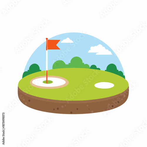 Golf course illustration. Flat style vector illustration of golf course with bunkers, putting green and flag. 