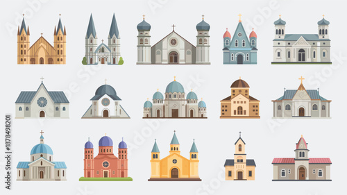 Diverse collection of church architectural styles featuring various towers, domes, crosses, and facades on a light grey background.