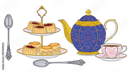 Elegant high tea set featuring a blue ornate teapot, delicate pink floral teacup, and tiered stand filled with jam-topped scones.