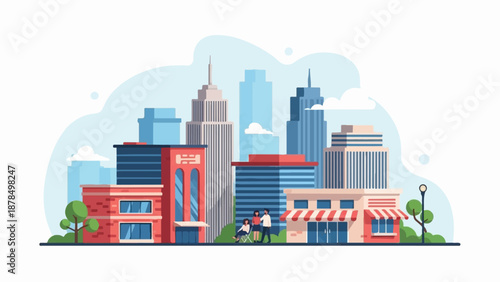 Modern cityscape with low-rise buildings in foreground and skyscrapers behind