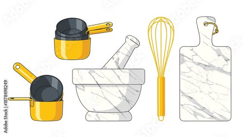 Contemporary kitchenware collection featuring vibrant yellow saucepans, a marble mortar and pestle, and matching marble cutting board.