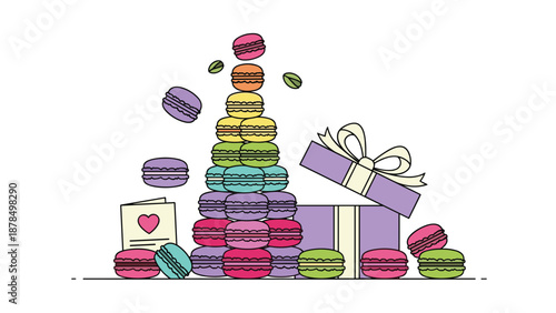 Colorful macaron tower next to an open purple gift box and a small card with a heart for a special celebratory occasion.