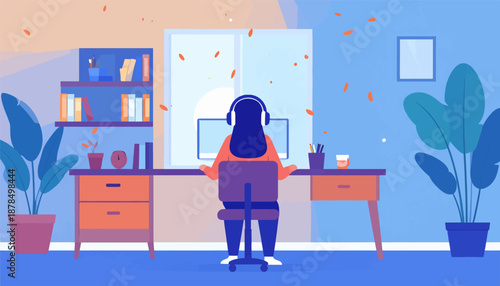 Person wearing headphones working on computer in a colorful, cozy home office with plants and books