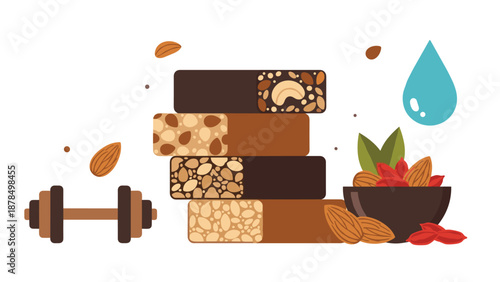 Healthy snack assortment featuring stacked energy bars, almonds, goji berries, a small dumbbell, and a water droplet icon.