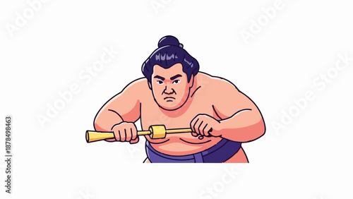 Pixel art of a muscular sumo wrestler with a serious expression, holding a golden stick