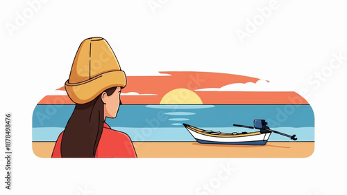 Person wearing yellow hat looks at boat on beach during sunset