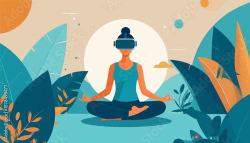 Person wearing VR headset meditating amidst abstract foliage and celestial bodies