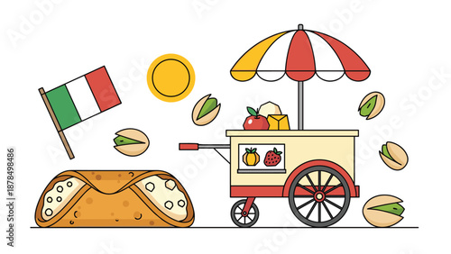 Italian street food illustration featuring a large filled cannoli and a colorful vendor cart with an umbrella and pistachios.