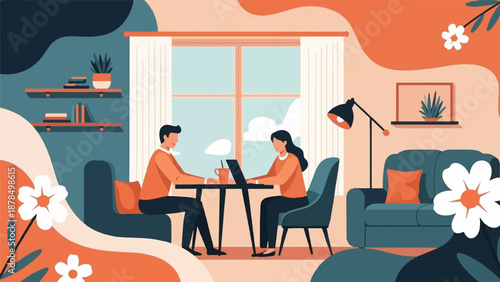 Modern flat design illustration of two people working on laptops in a stylish living room