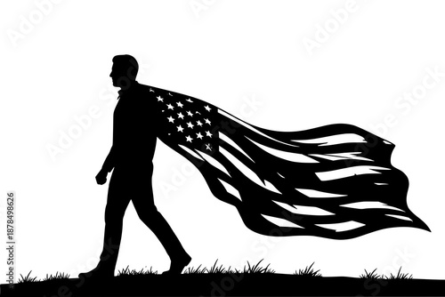 Silhouette of man walking with american flag cape
