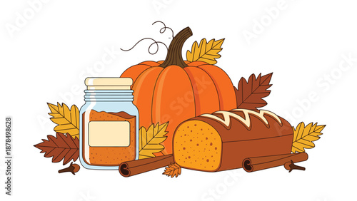 Autumn themed illustration featuring a large orange pumpkin, a loaf of spiced bread, a jar of powder, and cinnamon sticks.