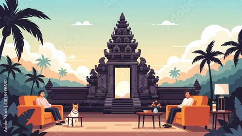 Pixel art scene with a temple gate, two people relaxing in chairs, and a dog