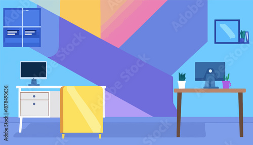 Modern flat-design office space with computers, chairs, and plants