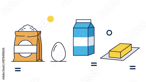 Essential baking ingredients including a bag of flour, a fresh egg, a carton of milk, and a stick of yellow butter on white.