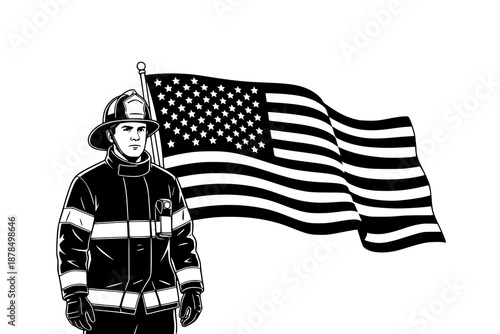 Firefighter standing with american flag