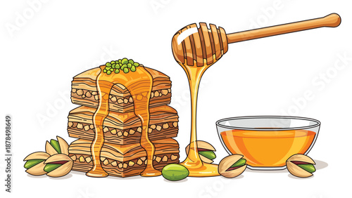 Delicious stack of honey-soaked baklava pastries topped with pistachios beside a bowl of amber honey and whole nuts.