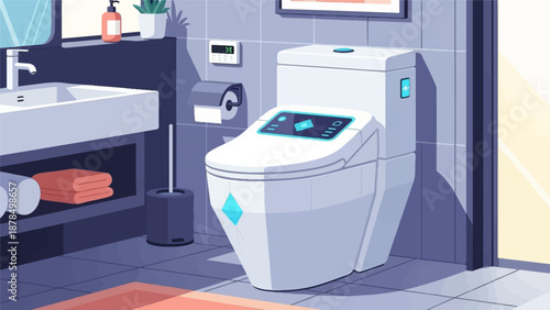 Modern futuristic bathroom with advanced toilet, sink, and clean aesthetic