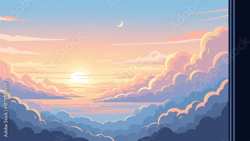 Pixel art sunrise over pastel clouds and calm water
