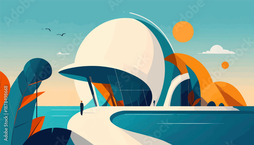 Modern geometric building with abstract foliage and serene water at sunset