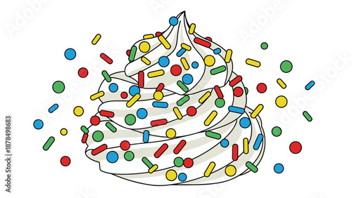 Large swirl of creamy white frosting or soft serve ice cream generously covered in colorful rainbow sprinkles on white.